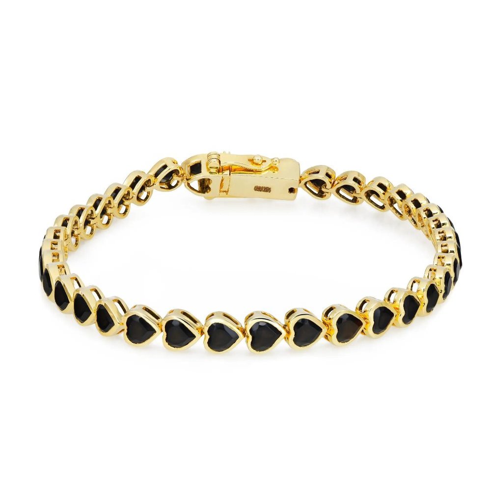 Bezel Set Heart Shape Onyx Tennis Bracelet 14K Yellow Gold 7.5 Inches